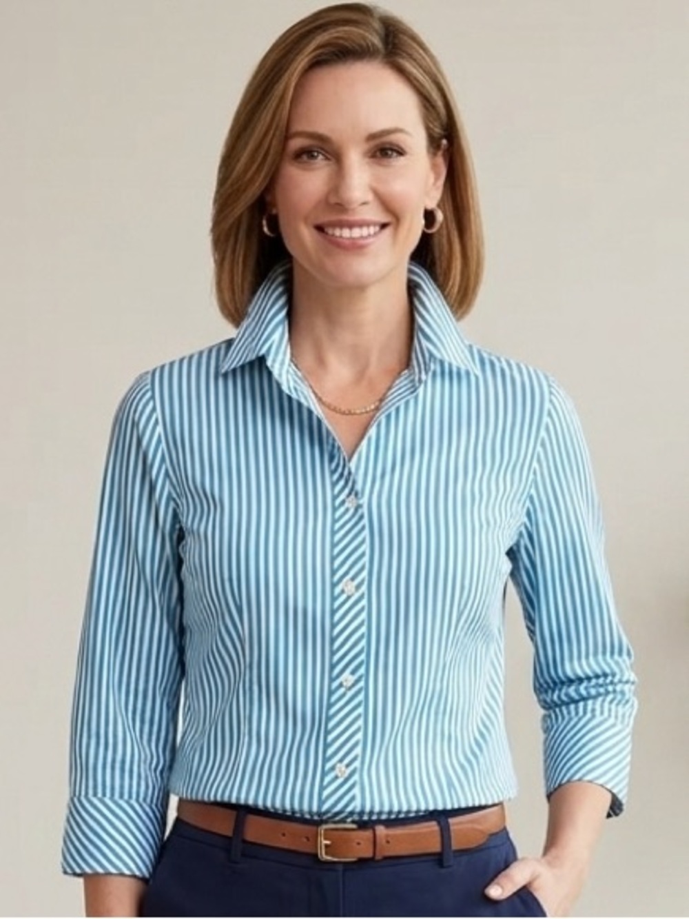 Chico's No Iron Striped Button Down Shirt Size 1 Medium Blue White Cotton